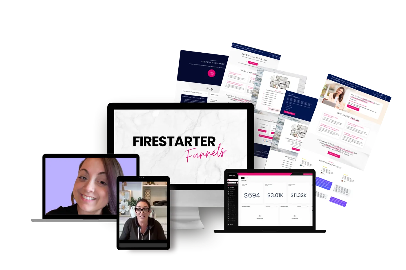 The Firestarter Funnels team on live Zoom tech hours, shown alongside the platform on a desktop, tablet, and phone